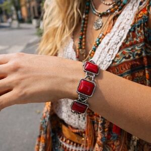 Vintage Red Resin Cabochon Silver-Tone Link Bracelet